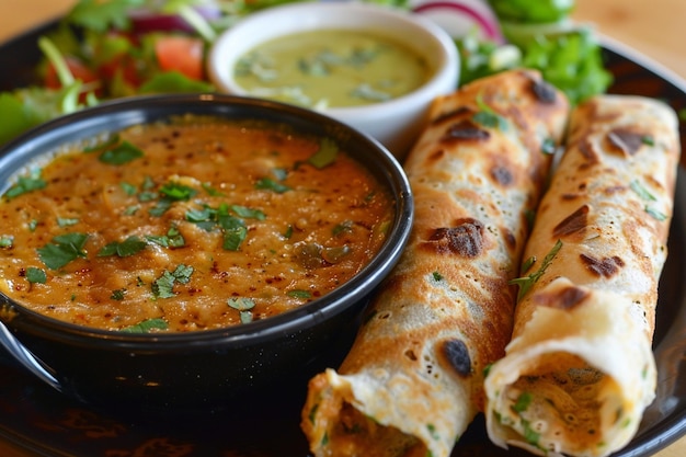 Masala dosa served with a side of sweet and spicy chut