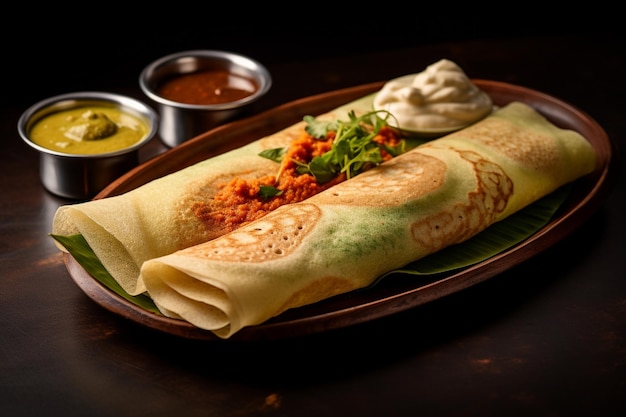 Masala dosa with a side of coconut tamarind chutney