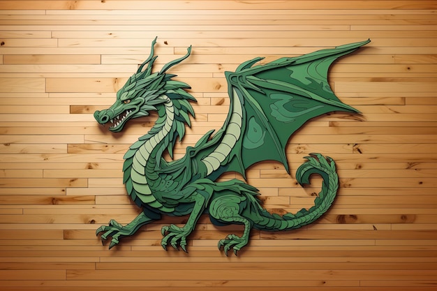 Mascot of new year 2024 green dragon with wings on wooden background like logo oriental calendar