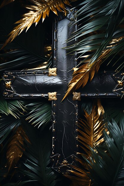 Masculine Leather Sacred Cross and Metal Studded Palm Leaves Cross Palm Sunday Photo Christian Art