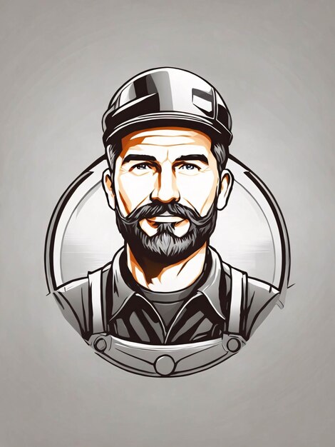 Photo masculine man with beard pose in mechanic uniform with cars and truck logo illustration