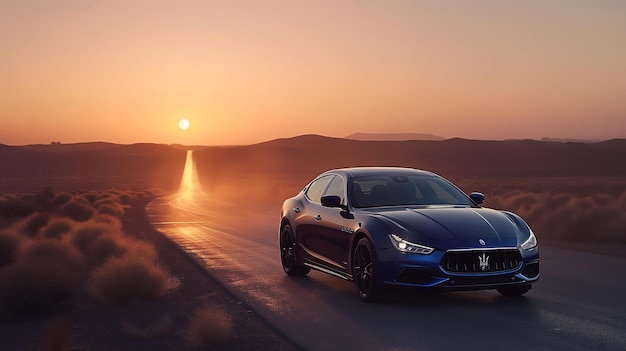 Maserati Ghibli desert road dusk long shadows adventurous warm hue Generative AI