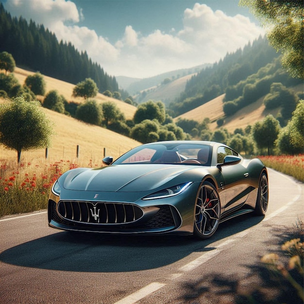 Maserati MC20 parked on a serene hillside road