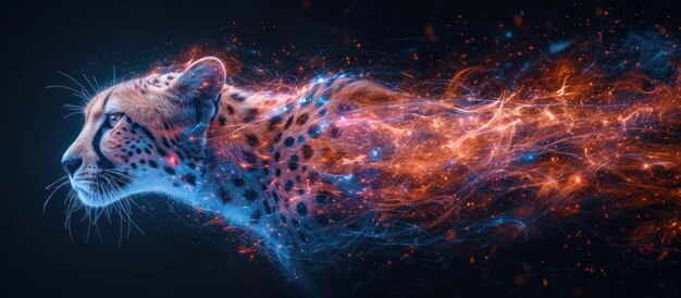 mash line and point cheetah in flames style on dark background