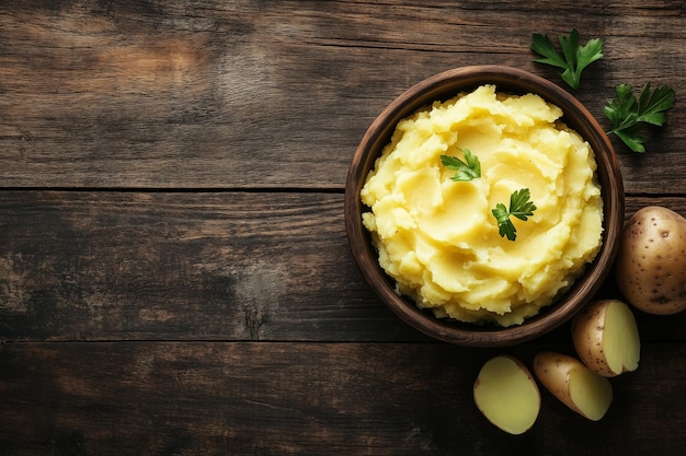 Photo mashed potatoes boiled puree in bowl healthy comfort food wooden background with free space