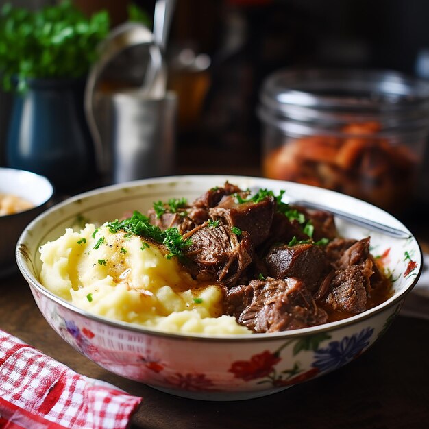 Mashed Potatoes and Chuck Roast in a Bowl on a Kitchen