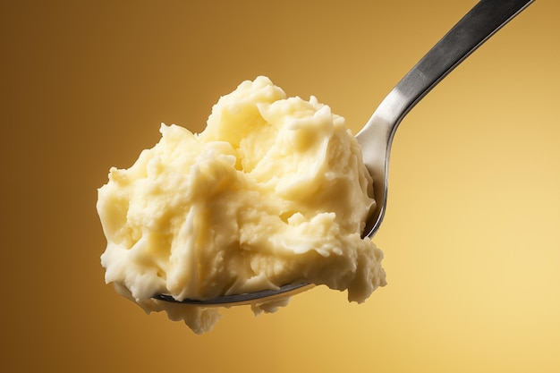 Mashed potatoes on a spoon in closeup