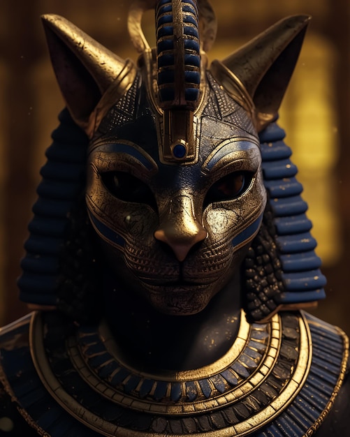 A mask of a cat with a blue face and a gold mask