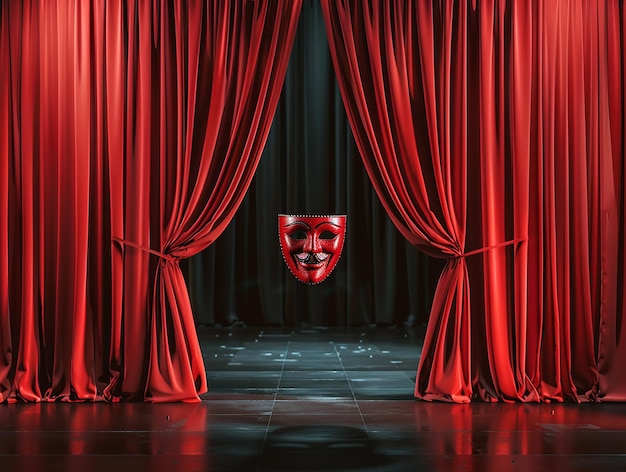 a mask is on the stage with a mask on the left