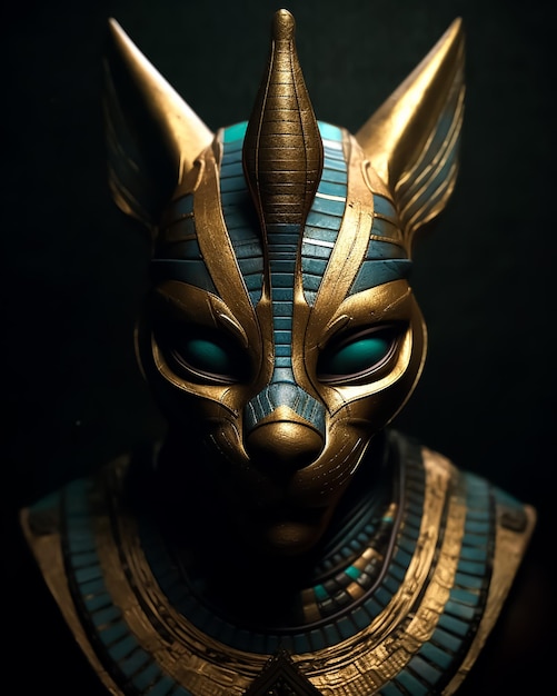 A mask with a blue and gold design and the word egyptian on it