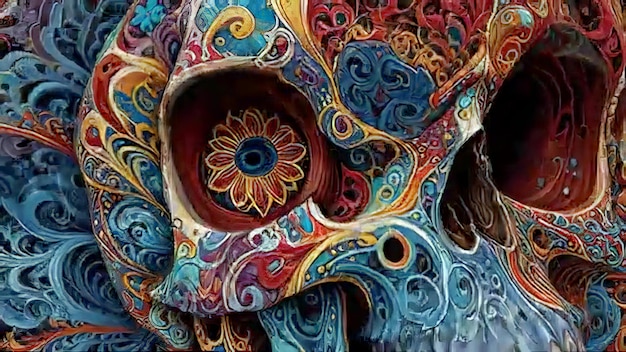 a mask with a blue and red flower on it