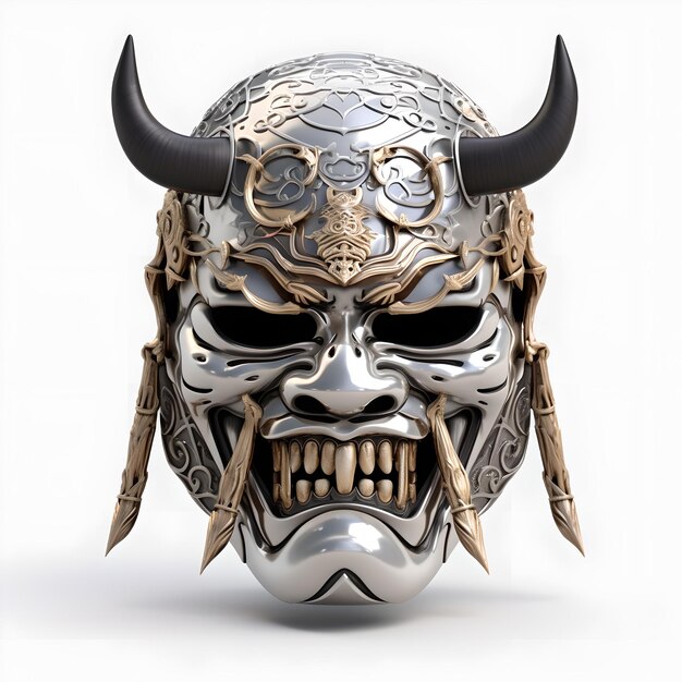 Photo a mask with a dragon on it is shown with horns and the word samurai on it.