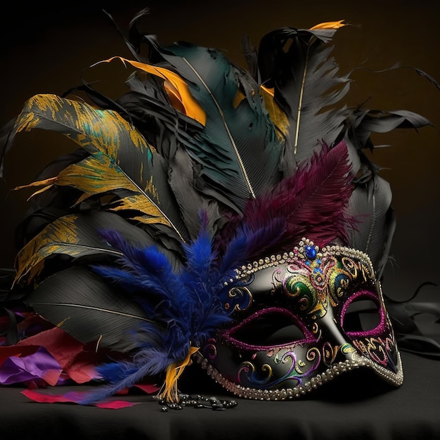 A mask with a feather on it and a purple and gold feather on the side.