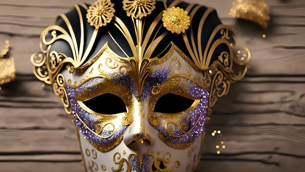 A mask with gold and purple colors is displayed in a room.