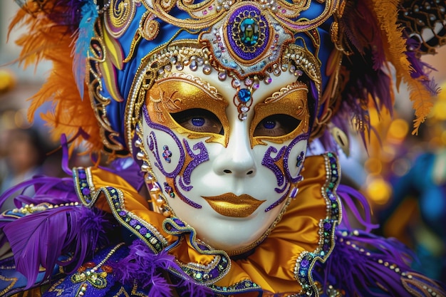 a mask with a purple feathered mask and a gold feathered mask