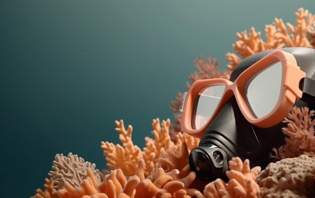 A mask with the word scuba on it sits on a coral reef.