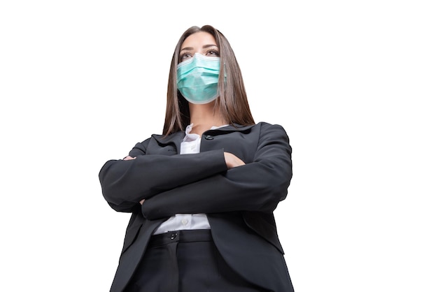 Masked businesswoman coronavirus and work concept isolated on white