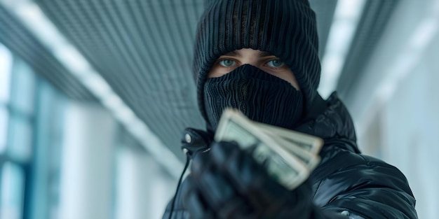 Photo masked criminal stealing cash in a bank robbery poses financial risk concept bank robbery financial risk criminal activities masked criminals security concerns