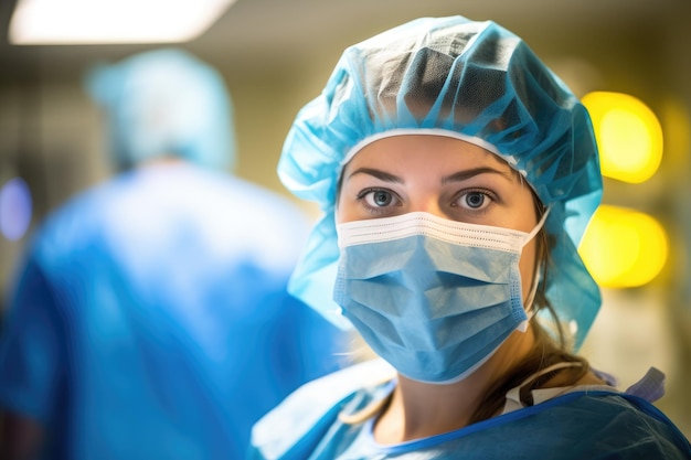 Masked faces reflecting the expertise of a female doctor and her team after a grueling surgery Generative AI