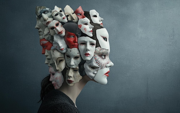 Photo masked identities navigates emotional masks expressions how face aligns with their psychological state contemplating impact pretending versus authenticity in personal roles social interactions