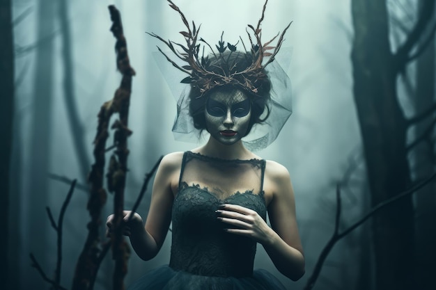 Masked Mysterious Woman in a Forest