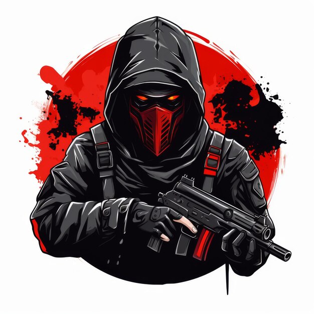 Masked soldier or gamer illustration with gun in front of red moon Concept of gaming warfare action and danger