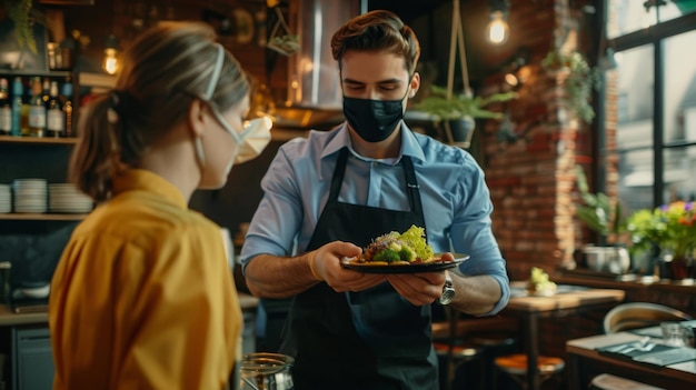 Photo the masked waiter serving customer