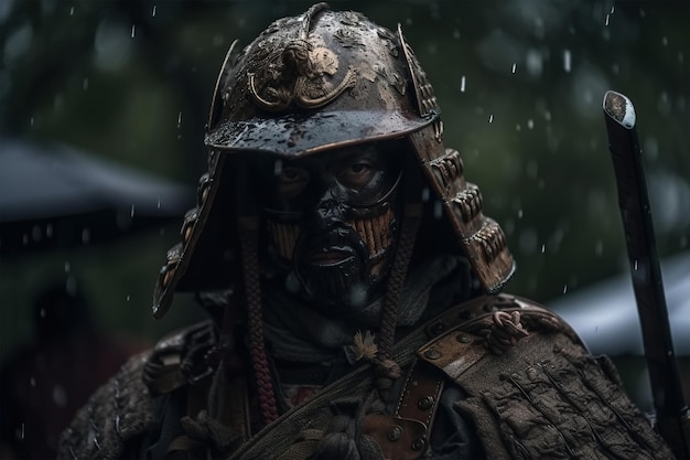 Masked warrior samurai japanese ancient soldier on rainy cloudy day Generative AI illustration