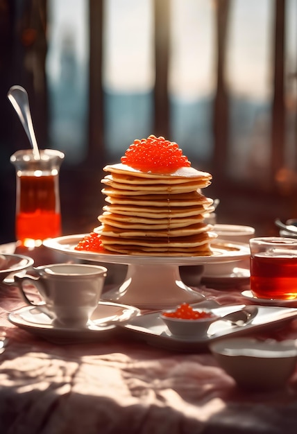 Maslenitsa Pancakes on the table with red caviar steaming in the sunlight