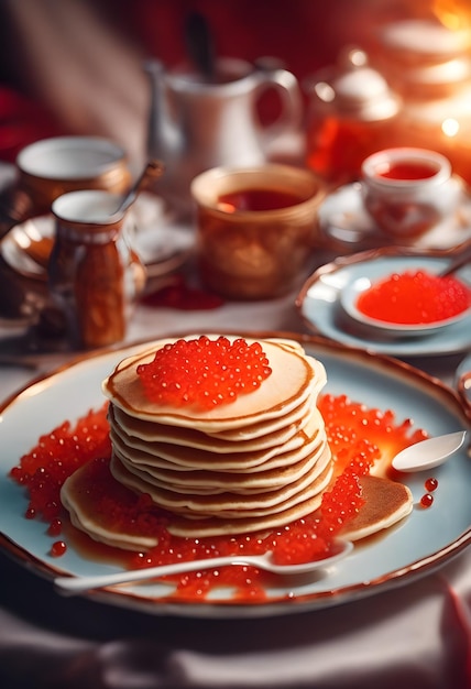 Maslenitsa Pancakes on the table with red caviar steaming in the sunlight