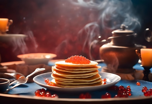 Maslenitsa Pancakes on the table with red caviar steaming in the sunlight