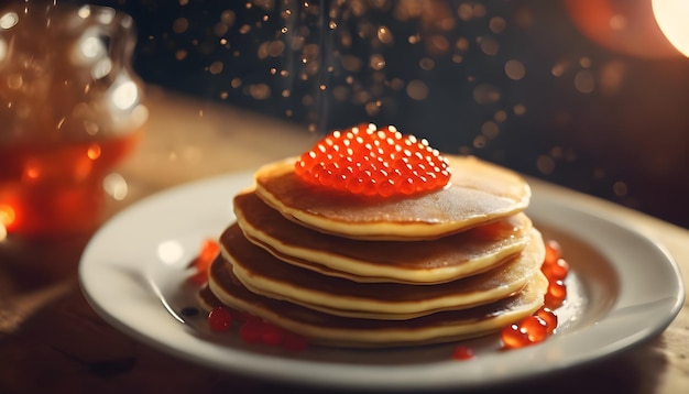 Maslenitsa Pancakes on the table with red caviar steaming in the sunlight