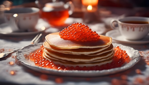 Maslenitsa Pancakes on the table with red caviar steaming in the sunlight