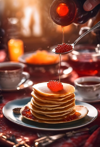 Maslenitsa Pancakes on the table with red caviar steaming in the sunlight