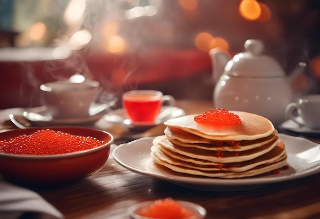 Maslenitsa Pancakes on the table with red caviar steaming in the sunlight