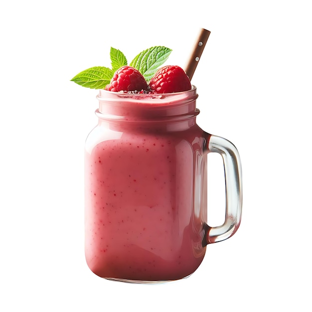 Photo mason jar of raspberry smoothie isolated on white background with clipping path