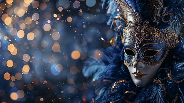 A masquerade mask with blue feathers and gold accents against a bokeh background