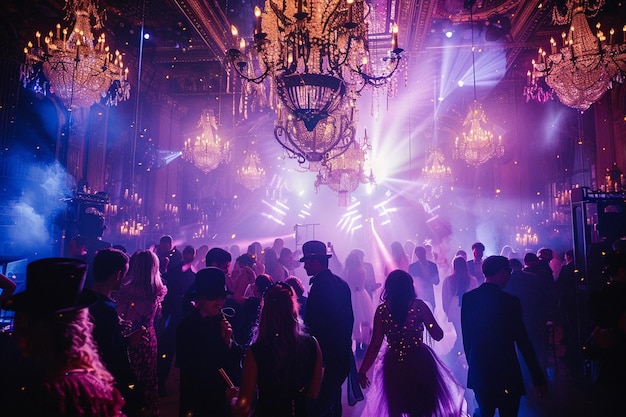 Masqueradegoers dancing under glittering chandelie generative ai