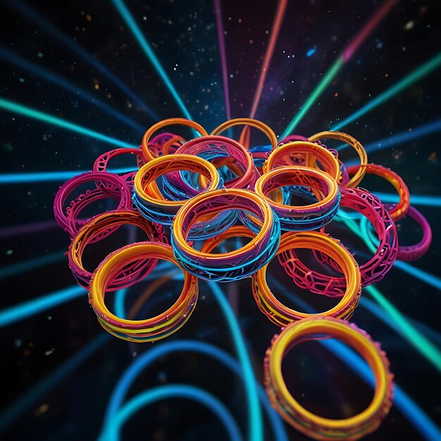 Photo mass of neoncolored entangled rings floating in zero gravity creating a futuristic and mesmerizin