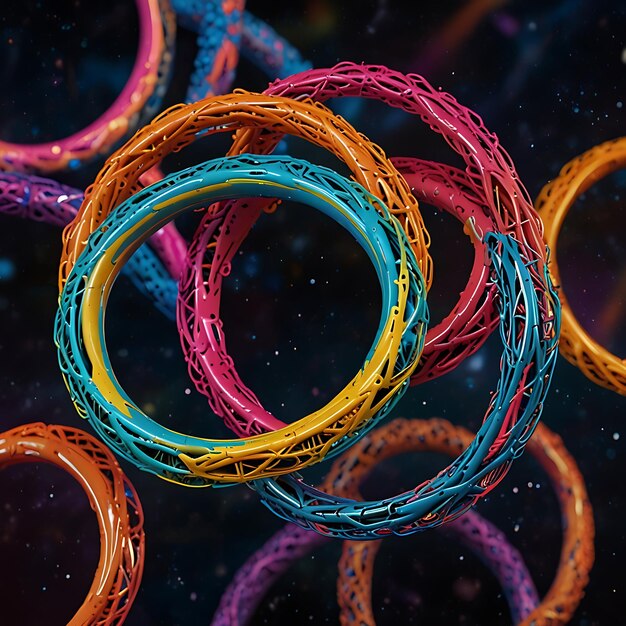 Photo mass of neoncolored entangled rings floating in zero gravity creating a futuristic and mesmerizin