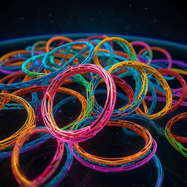 Mass of NeonColored Entangled Rings Floating in Zero Gravity Creating a Futuristic and Mesmerizin