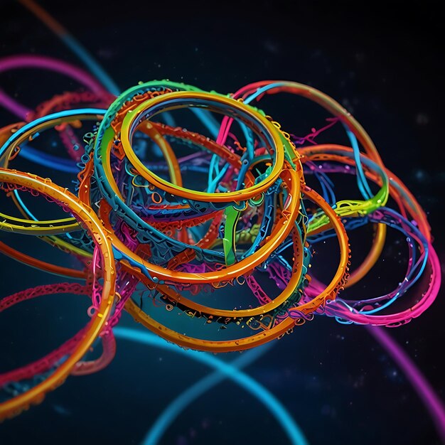 Mass of NeonColored Entangled Rings Floating in Zero Gravity Creating a Futuristic and Mesmerizin