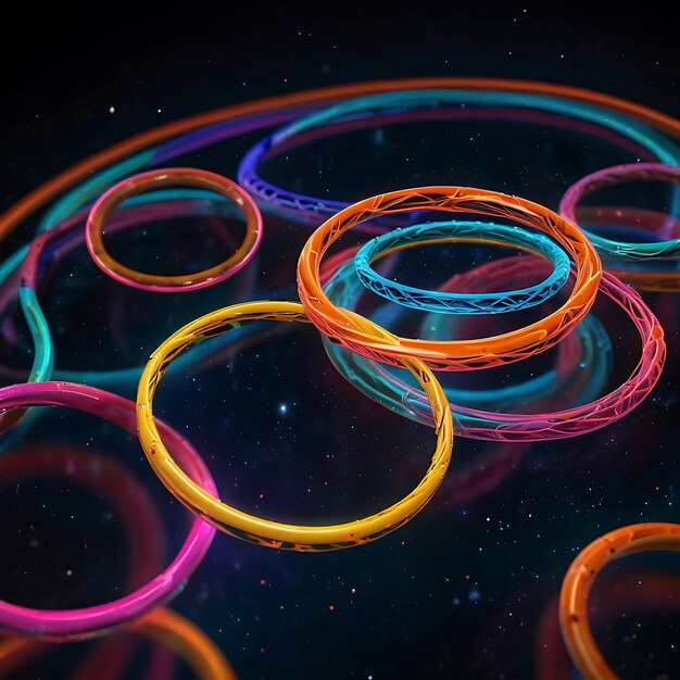 Mass of NeonColored Entangled Rings Floating in Zero Gravity Creating a Futuristic and Mesmerizin