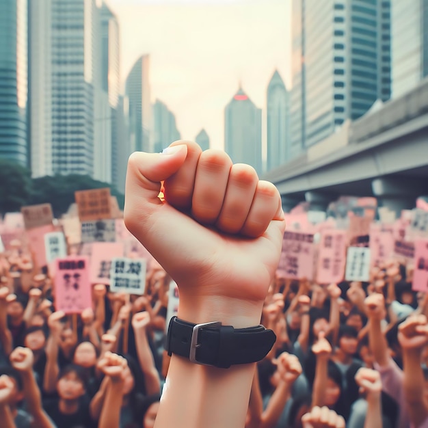 Mass Protest with raised hand fist activist against human right violation war crime injustice