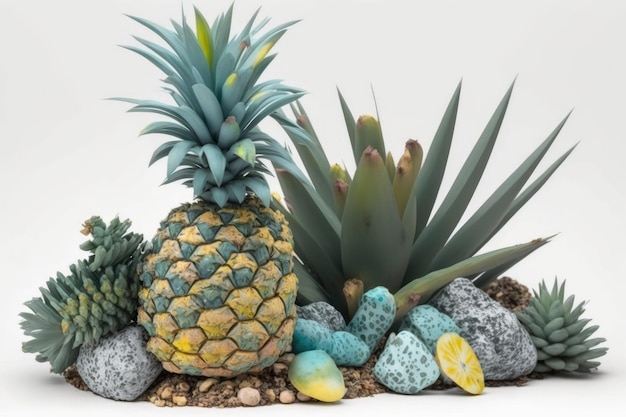 On a mass of rocks and branches there is an air pineapple plant