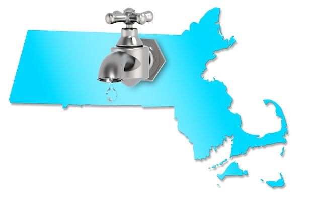 Massachusetts map with water faucet for water shortage concept