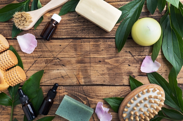 Massage brush, cosmetic oils, and soap