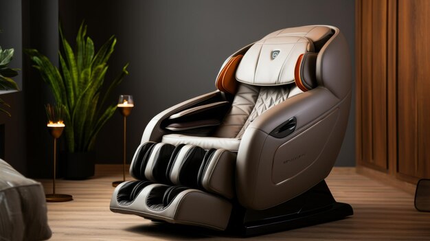 A massage chair rests peacefully on a wooden floor