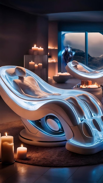 Photo massage couch and candles in therapy room at health spa created using technology