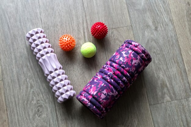 Photo massage rolls and balls for muscle relaxation after fitness